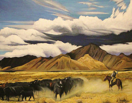 ©Big Nevada Sky Lynn Kopelke, Open Crown Productions a painting that shows a herd of cattle and a cowboy on a horse in a cloud of dust with mountains and clouds in the distance